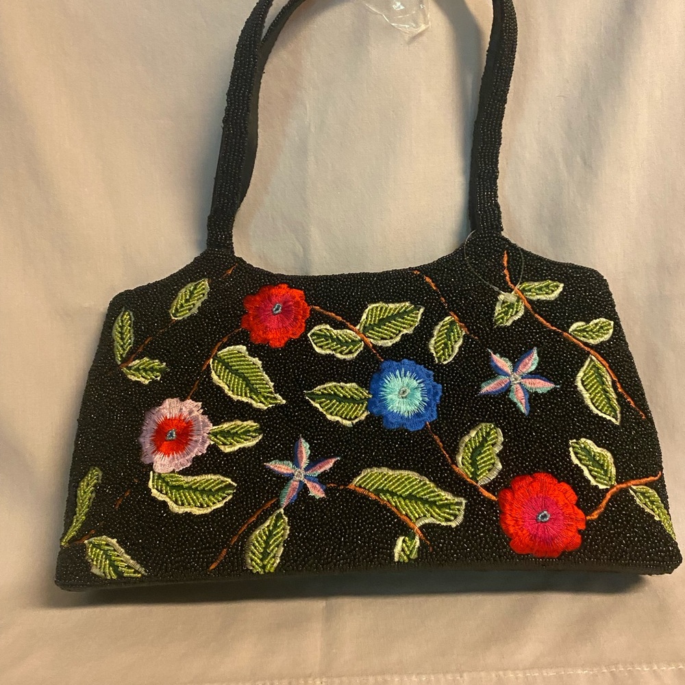 Colorful Floral Embroidered Black Shoulder Bag